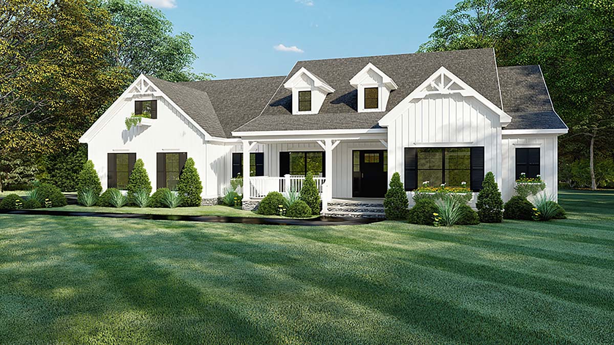  4  Bedroom  Farmhouse Plan  With Covered Porches and Open 